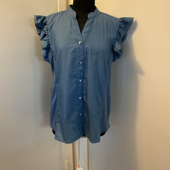 4. NY Collection Blouse Blue Ruffle Flange Sleeveless Chambray Size Large - Picture 3 of 6